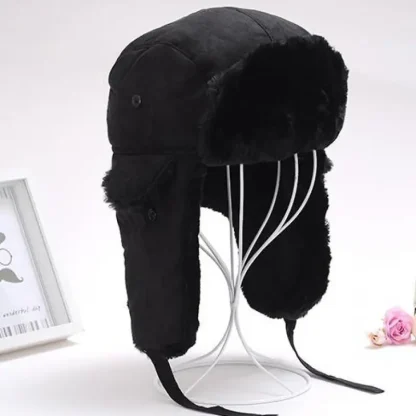 Black Warm Trapper Hat with Lace-up Ear Flaps - Image 3