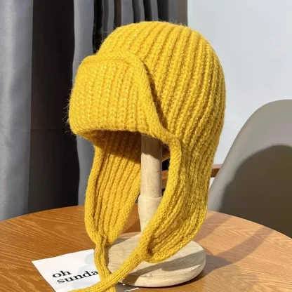 Knitted Solid Color Trapper Hat with Ear Flaps - Image 9